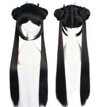 Peruca de cosplay de anime longa preta com rabo de cavalo duplo com trança de 70 cm