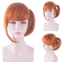 Peruca de cosplay de cabelo sintético laranja com rabo de cavalo lateral 30cm