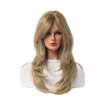 Peruca de cosplay de longa camada loira sintética de 70 cm com franja lateral Peruca de cosplay de longa camada loira sintética de 70 cm com franja lateral