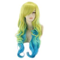 Peruca de cosplay Dragon Maid 80 cm de comprimento, gradiente, amarelo encaracolado, azul