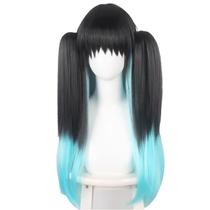 Peruca de cosplay em gradiente preto a azul com cauda dupla de 80 cm de comprimento