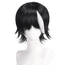 Peruca de cosplay em preto e branco destacada, curta e despenteada, 30 cm