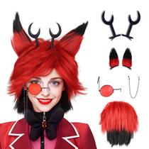 Peruca de cosplay FantaLook média vermelha e preta com chifres, orelhas, óculos Peruca de cosplay FantaLook média vermelha e preta com chifres, orelhas, óculos