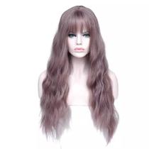 Peruca de cosplay genérica lavanda longa ondulada de 70 cm com franja
