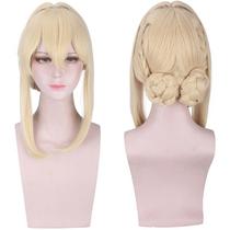 Peruca de cosplay, loira, coque trançado com franja, 45 cm, sintético Peruca de cosplay, loira, coque trançado com franja, 45 cm, sintético