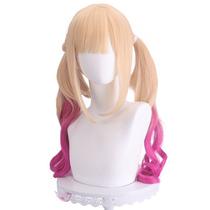 Peruca de cosplay, loira, rosa, gradiente, 70 cm de comprimento, cauda dupla encaracolada