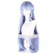 Peruca de cosplay longa azul claro com franja encaracolada e grampo de cabelo de 80 cm