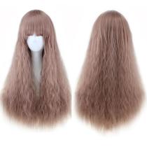 Peruca de cosplay longa, ondulada, roxa, marrom, 75 cm, sintética, H