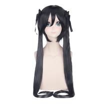 Peruca de cosplay longa preta com rabos de cavalo duplos com franja lateral de 100 cm