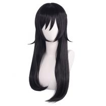 Peruca de cosplay longa preta de 85 cm com franja frontal de alta temperatura