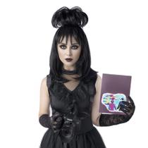 Peruca de cosplay MUPUL preta com coque para mulher, fantasia de Halloween