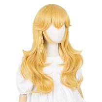 Peruca de cosplay Peach Princess em camadas, estilo ondulado, 80 cm com coroa