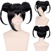 Peruca de cosplay preta com tranças e pãezinhos de 45 cm para todas as idades