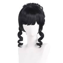 Peruca de cosplay preta encaracolada com franja 35cm sintética Peruca de cosplay preta encaracolada com franja 35cm sintética