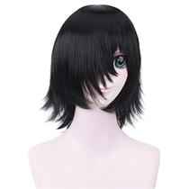 Peruca de cosplay preta genérica, cabelo curto em camadas, 45 cm, resistente ao calor