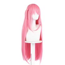 Peruca de cosplay rosa claro longa reta 85 cm com franja lateral