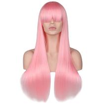 Peruca de cosplay rosa claro longa reta com franja cheia de 100 cm