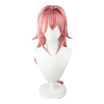 Peruca de cosplay rosa em camadas de comprimento médio com pontas viradas