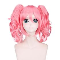 Peruca de cosplay rosa encaracolada de cauda dupla sintética de alta temperatura