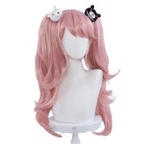 Peruca de cosplay rosa longa encaracolada com rabos de cavalo duplos 60 cm com franja