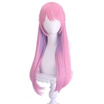 Peruca de cosplay rosa pastel e roxa longa reta 65cm