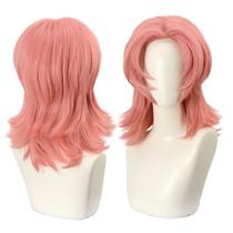 Peruca de cosplay rosa sintética em camadas com cachos macios 40cm