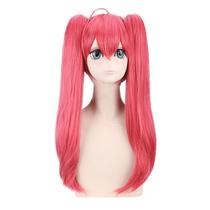 Peruca de cosplay rosa vermelha com rabos de cavalo duplos longos com franja em camadas