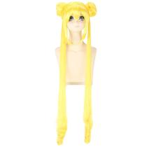 Peruca de cosplay Sailor Moon Long Yellow Twin Bun Curled Ends Peruca de cosplay Sailor Moon Long Yellow Twin Bun Curled Ends