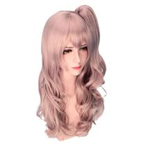 Peruca de cosplay sintética de 60 cm de comprimento rosa com cachos e rabo de cavalo