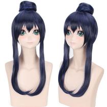 Peruca de cosplay sintética de alta qualidade azul escuro longa com franja