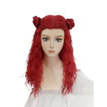 Peruca de cosplay vermelha encaracolada, coque duplo de 65 cm de comprimento, resistente ao calor