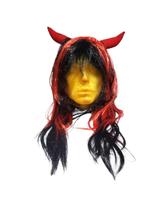 Peruca de Diabinha Com Chifres Ondulada preto c/ vermelho Peruca de Diabinha Com Chifres Ondulada preto c/ vermelho