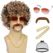 Peruca de discoteca masculina Costume Wallden Hair dos anos 70 e 80 com óculos de bigode