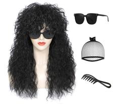 Peruca de fantasia adequada dos anos 80 Rocker Mullet Long Curly Black Women