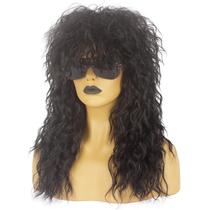 Peruca de fantasia Askuang 80s Rock Long Black Mullet para homens/mulheres