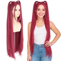 Peruca de fantasia Morvally Long Red com 2 rabos de cavalo para mulheres