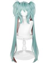 Peruca de meio a meio comprimento, verde claro, rabo de cavalo duplo, azul-petróleo claro