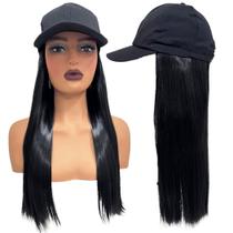 Peruca disfarce embutida em boné longa lisa preta ajustável