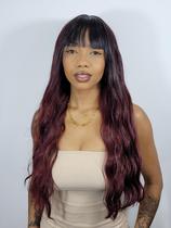 Peruca DRESSA Raiz Preta Natural Com Vinho nas Pontas Ondulada Wig Fibra Orgânica Premium Long Bob Colocação Fácil Uso Diário Com Touca Wig Cap