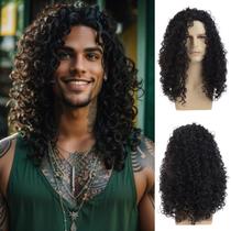 Peruca Dsimeig Long Curly Black Sintética Fibra Sintética para Homens