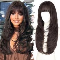 Peruca Eawwii longa marrom escura sintética de 26 polegadas com franja feminina