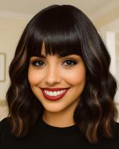 Peruca Elfairy 12" Black Highlights Brown Short Bob Wavy