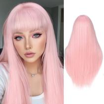 Peruca FANCEE rosa pastel longa reta com franja 66 cm sintética