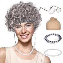 Peruca FAYBOX Old Lady Costume com rolos de cabelo removíveis Peruca FAYBOX Old Lady Costume com rolos de cabelo removíveis
