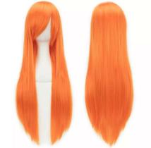 Peruca Feminina Cabelo Fibra Liso Longo Laranja Cosplay