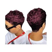 Peruca Feminina Curta Pixie De Cabelo Humano Com Franja Colorida 180 Densidade Feita À Máquina