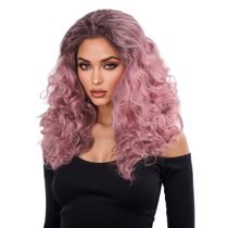 Peruca Fluffy Curly 50 cm rosa rosa, parte lateral de cabelo sintético