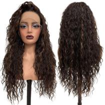 Peruca front lace castanho cacheada com mechas claras 70cm