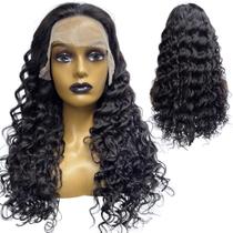 Peruca front lace HD humana cacheada preto natural 55cm