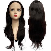 Peruca front lace HD humana ondulada castanho escuro 55cm